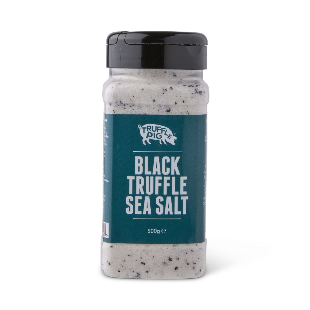 A clear plastic salt jar of Truffle Pig Black Truffle Sea Salt with a black lid and black label, set against a plain white background.