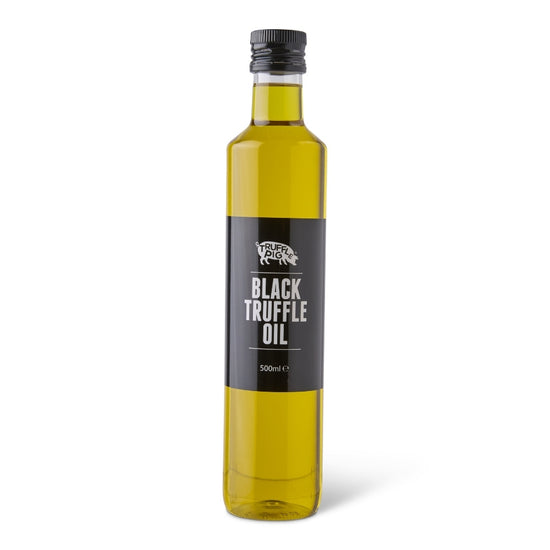 A PET bottle of Truffle Pig's Black truffle oil with black cap set on a white background.