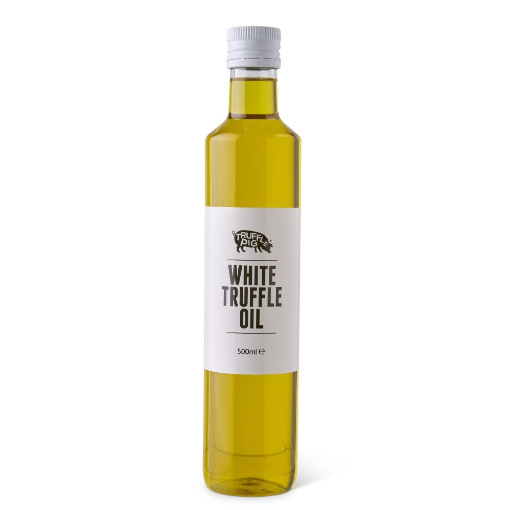 A PET bottle of Truffle Pig's White truffle oil with white cap set on a white background.