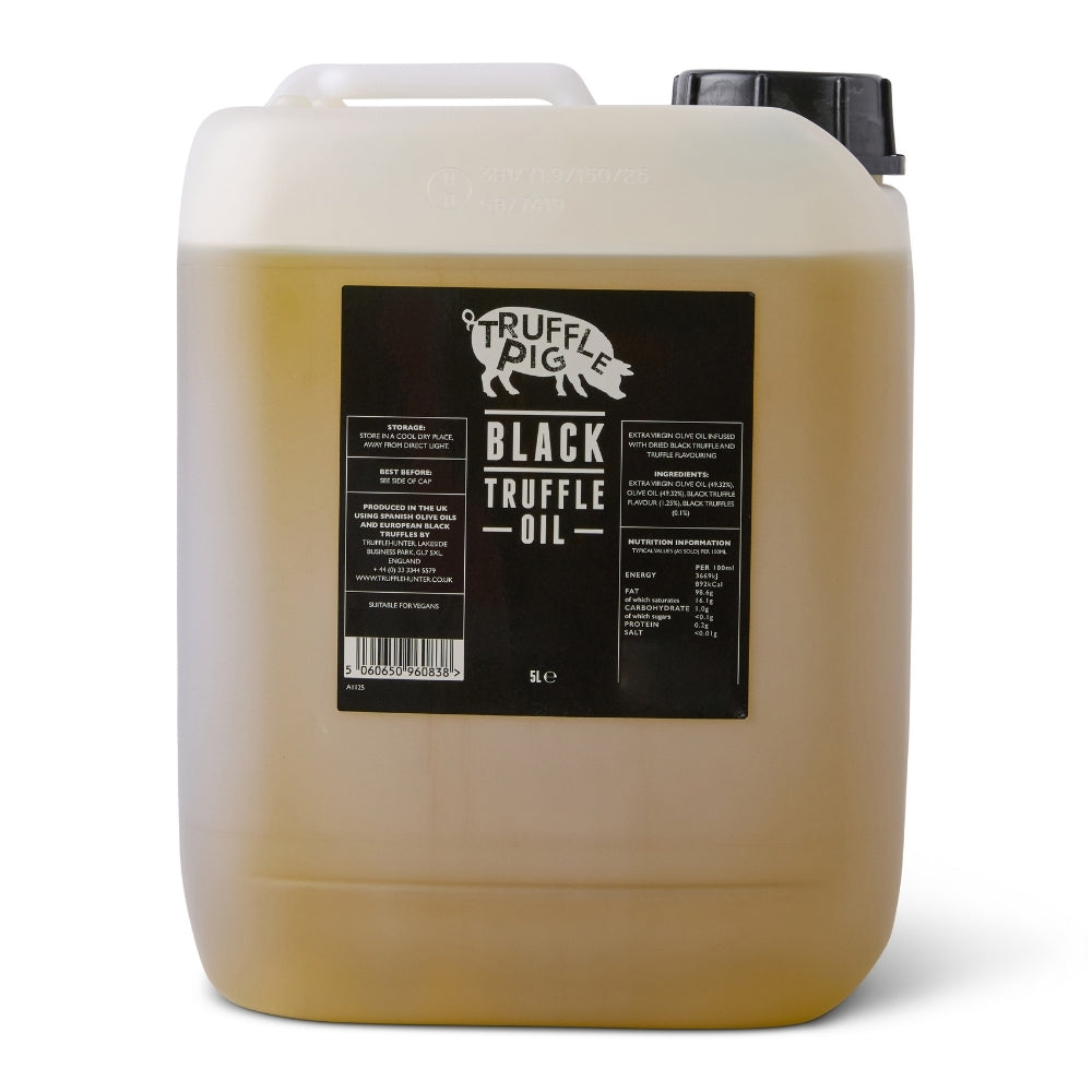 A 5 Liter PET container of Truffle Pig's Black truffle oil with black cap set on a white background.
