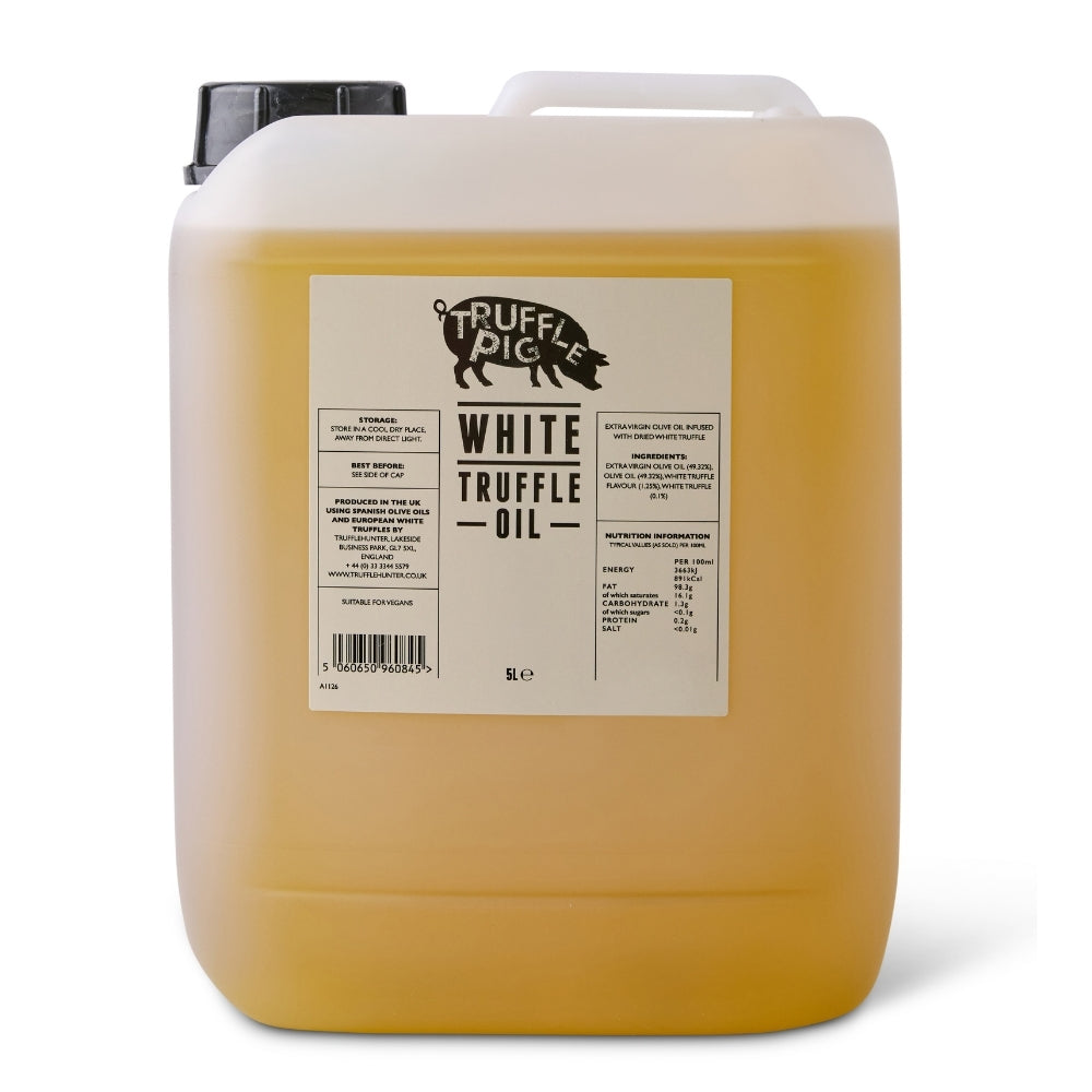A large translucent 5L PET jug of Truffle Pig White Truffle Oil, featuring a black handle and a white label with black text.