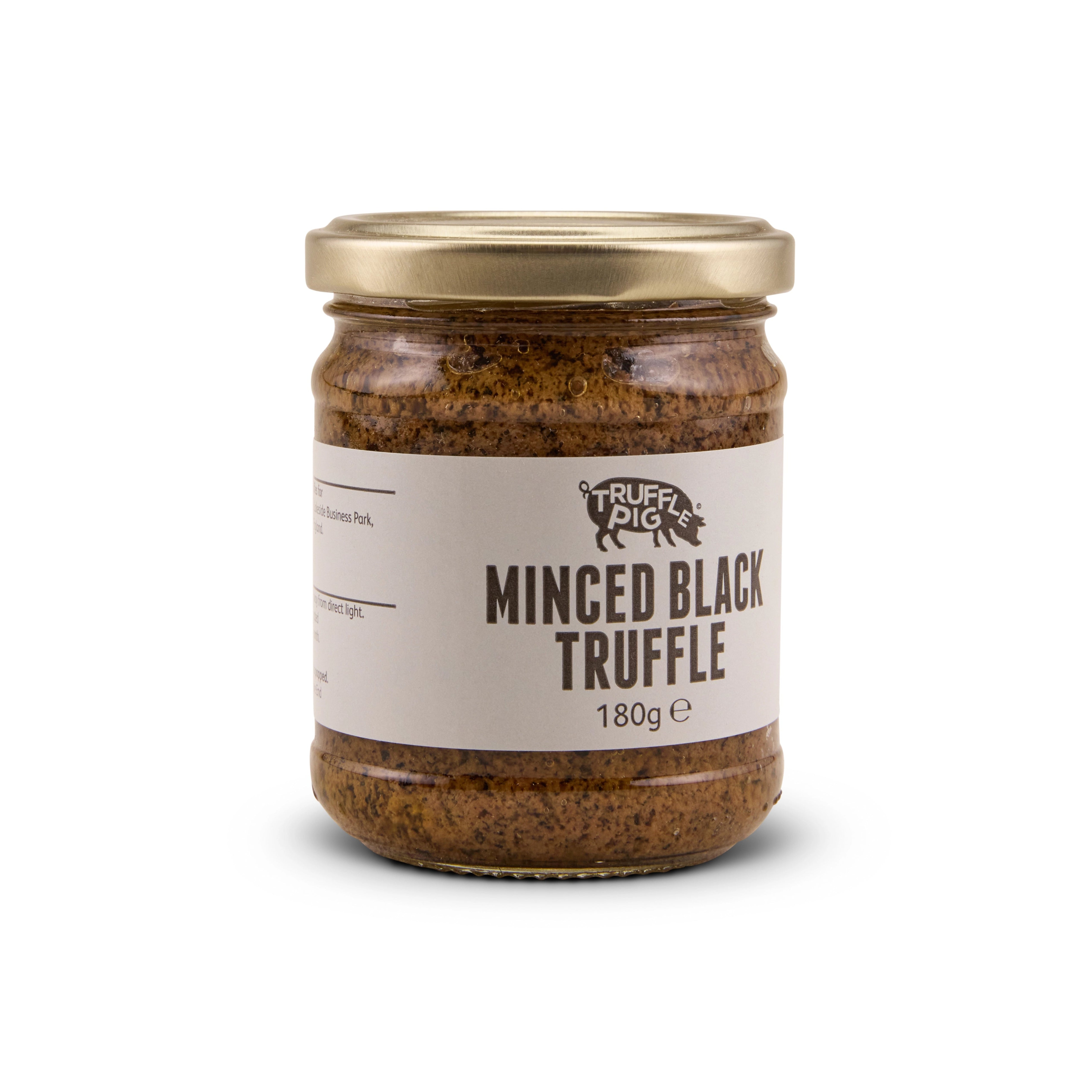 A glass jar of Truffle Pig's Minced Black Truffle 180g with a gold lid and a beige label, set against a plain white background.