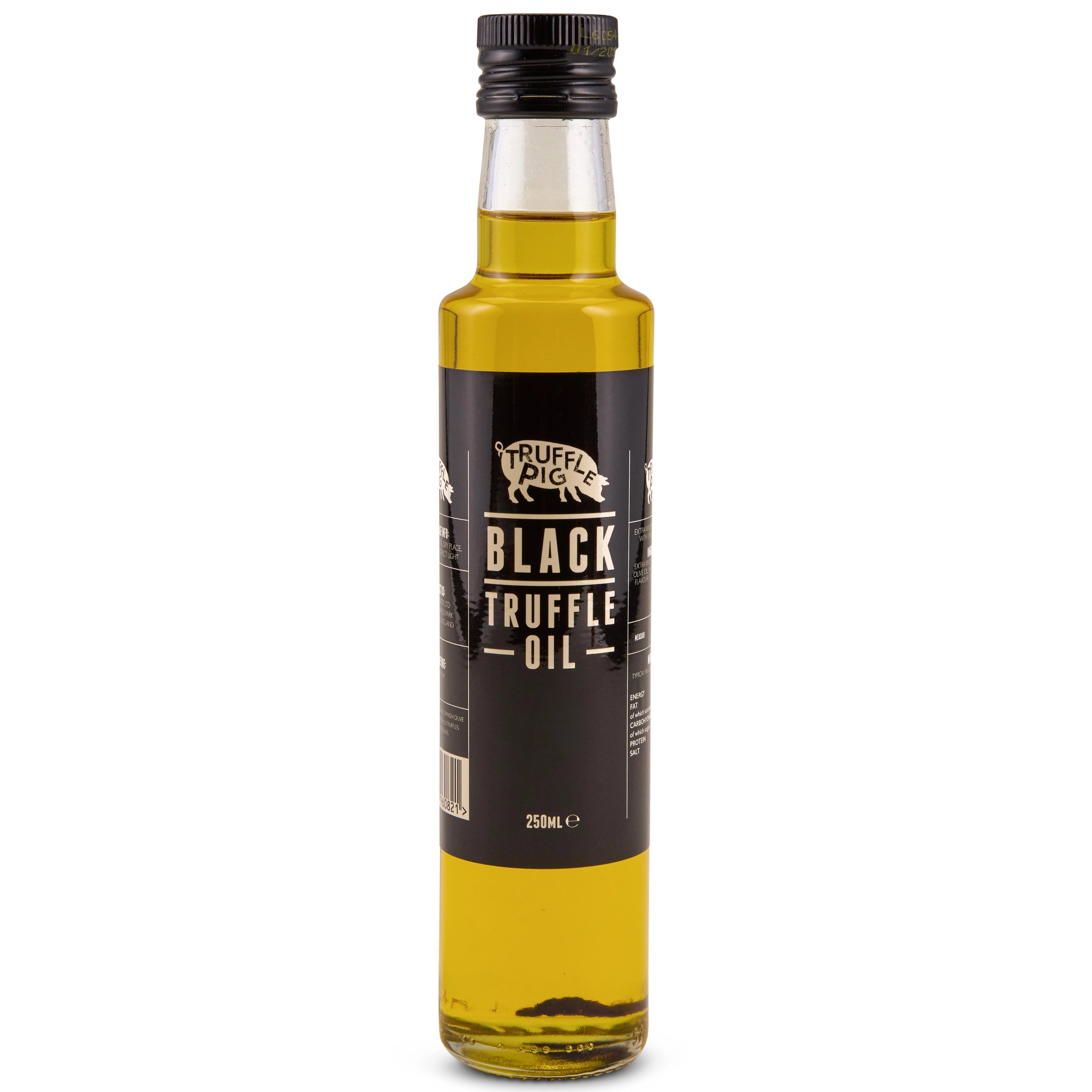 A 250ml glass bottle of Super Rich Black Truffle Oil with a black label and black screw cap, set against a plain white background.