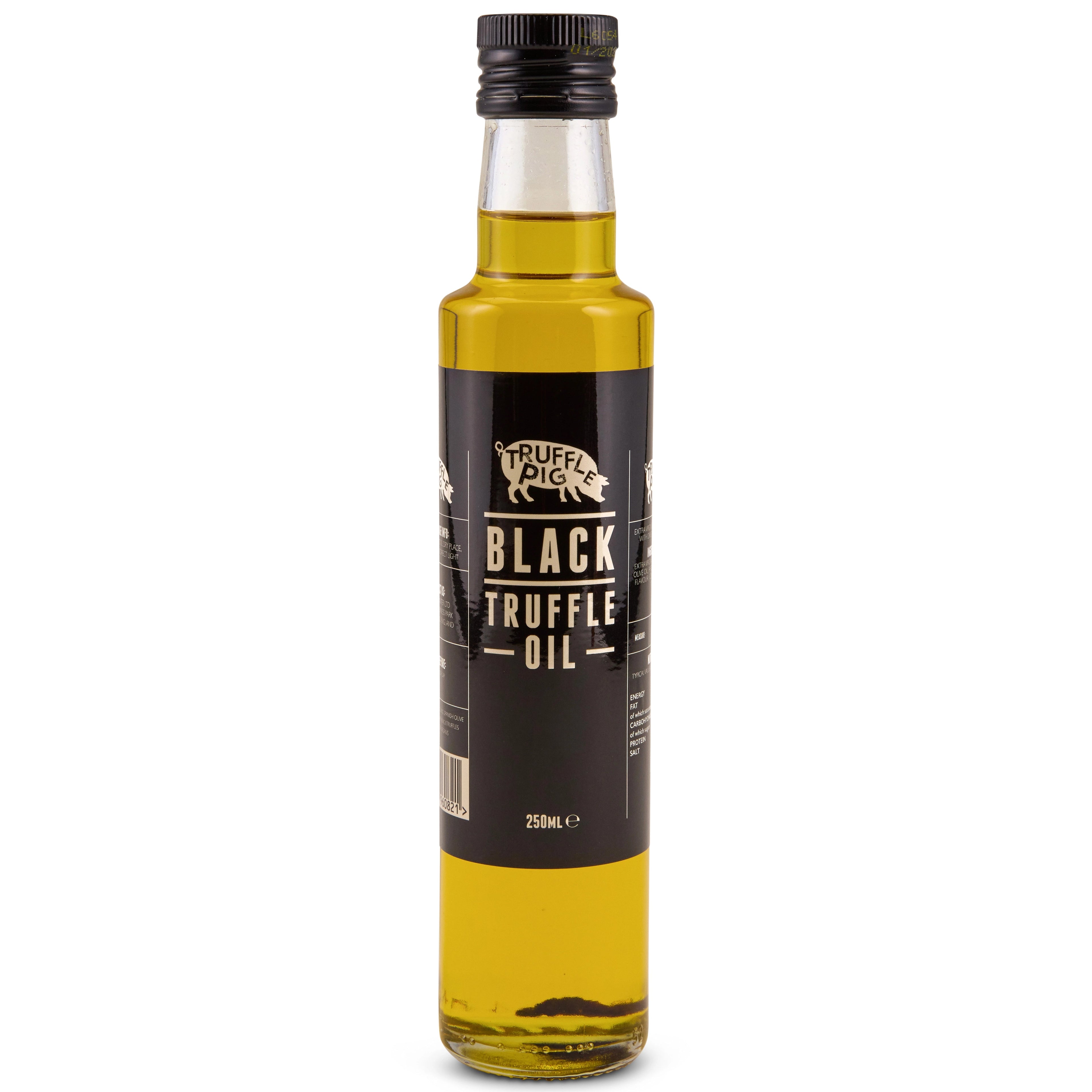 A 250ml glass bottle of Super Rich Black Truffle Oil with a black label and black screw cap, set against a plain white background.