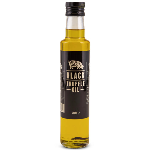 A 250ml glass bottle of Super Rich Black Truffle Oil with a black label and black screw cap, set against a plain white background.