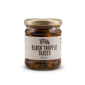 A glass jar of Truffle Pig's Black Truffle slices 180g with a gold lid and a beige label, set against a plain white background.