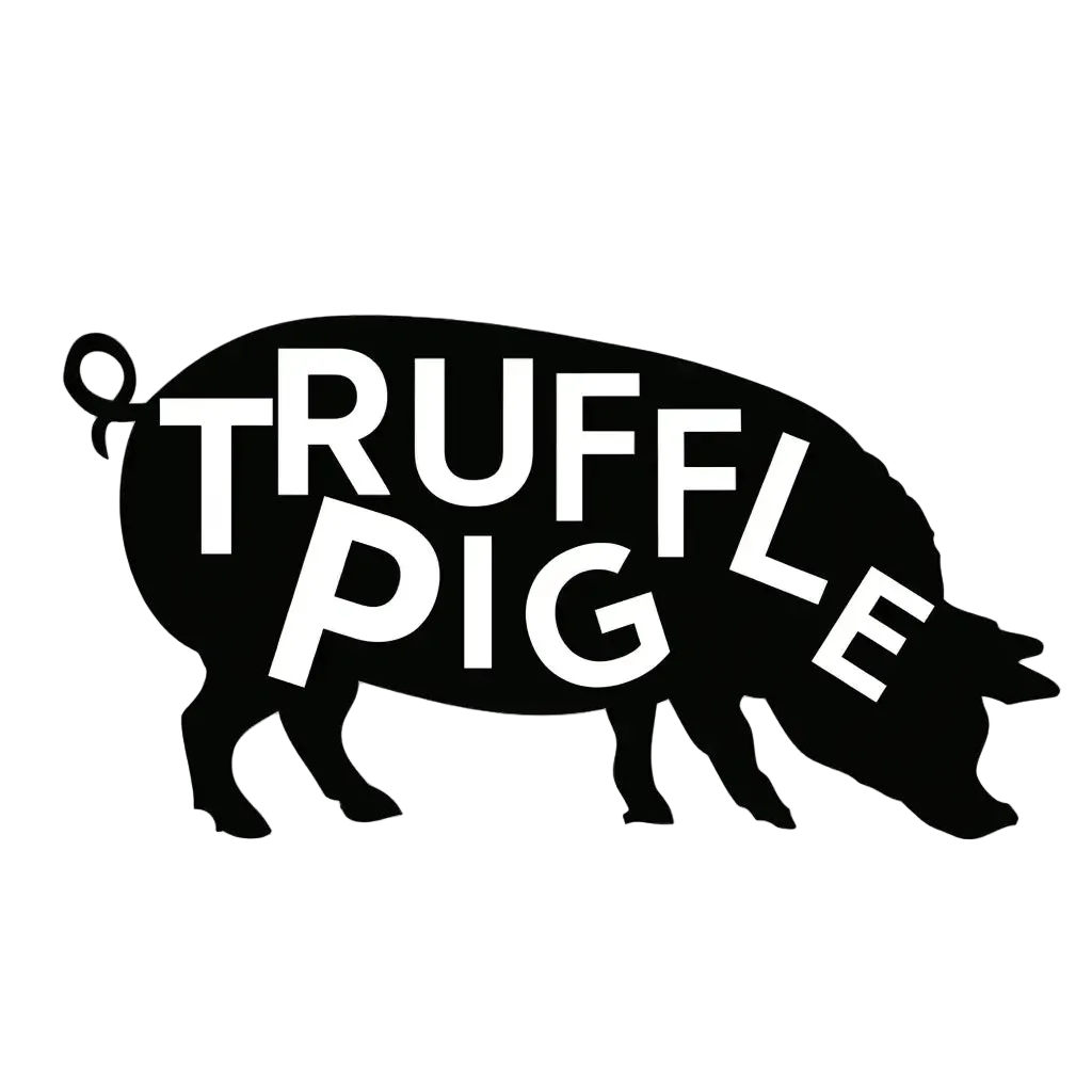 A stylized gold pig silhouette with the words 'TRUFFLE PIG' in large white letters across the center, shown on a plain white background.